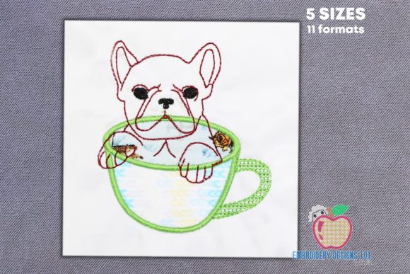 Bulldog with a Tea Cup: A Charming Embroidery Design